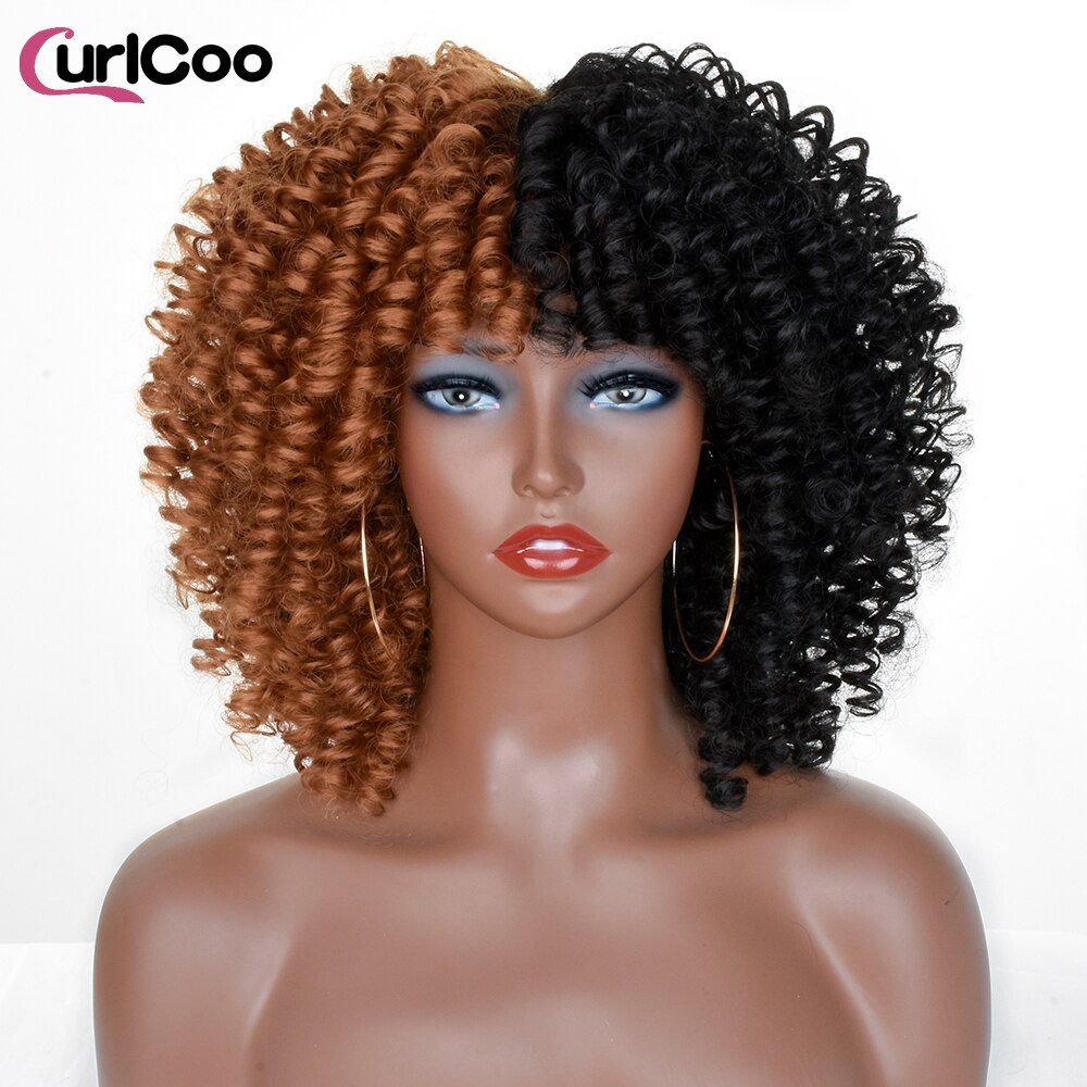 Short Afro Kinky Curly Wigs With Bangs For Women Synthetic Ombre Natural Heat Resistant Hair Brown Cosplay Highlight Wigs