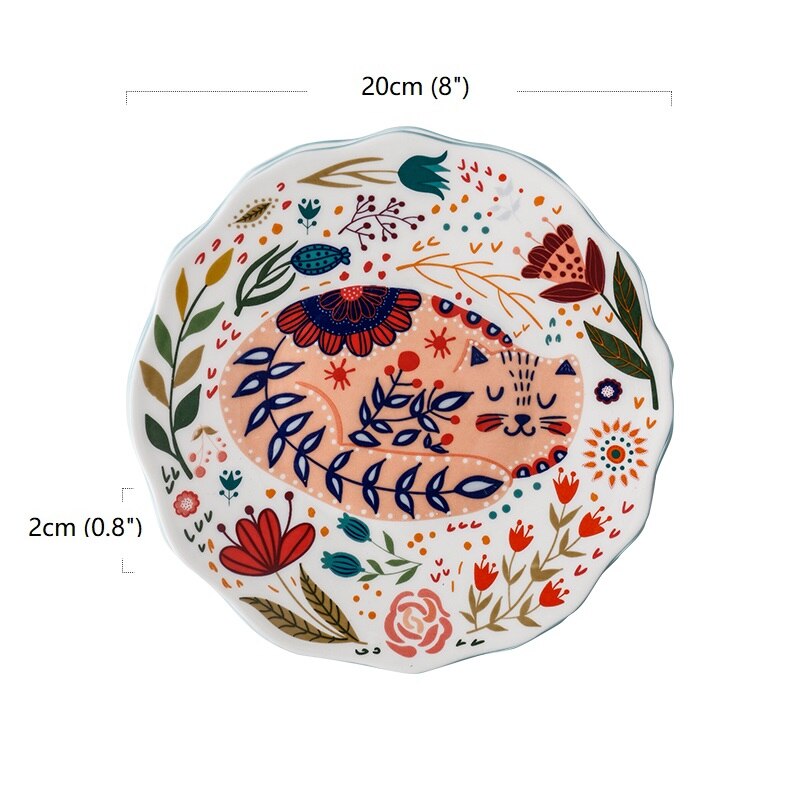 8 Inches Ceramic Dinner Plates Japanese Hand-painted Cartoon Cat Plate Creative Colorful Household Dishes Dinnerware Tableware