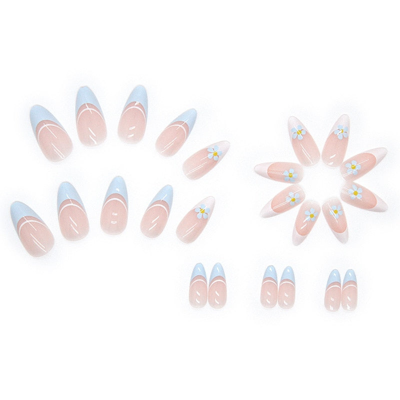 24pcs Fresh Lovely Pink Purple Blue Summer Flower Water Drop Shaped Fake Nails With Glue Wearable False Nails With Wearing Tools