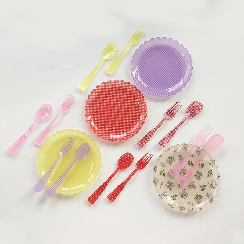 Plastic Dessert Tray Acrylic Cake Dish Grid Pattern Spork Floral Plates Decorative Fruit Plate Spoon Fork