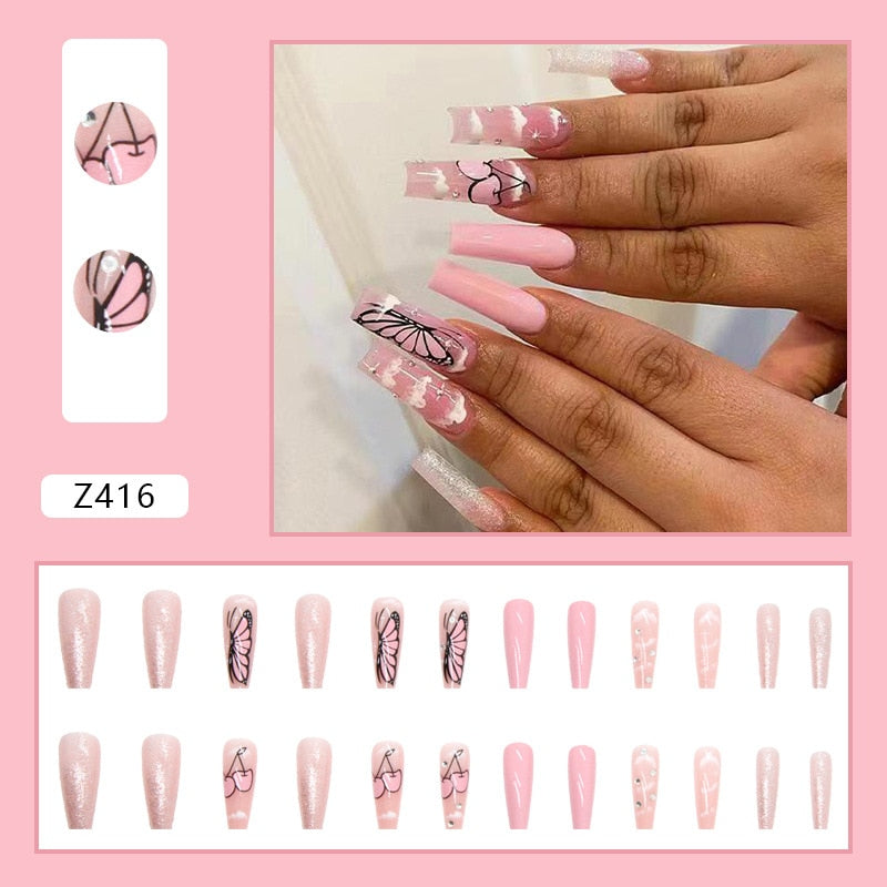 24pcs/box fake nails with Glue Detachable Long Ballerina False Nails With Design Wearable Fake Nails Full Cover