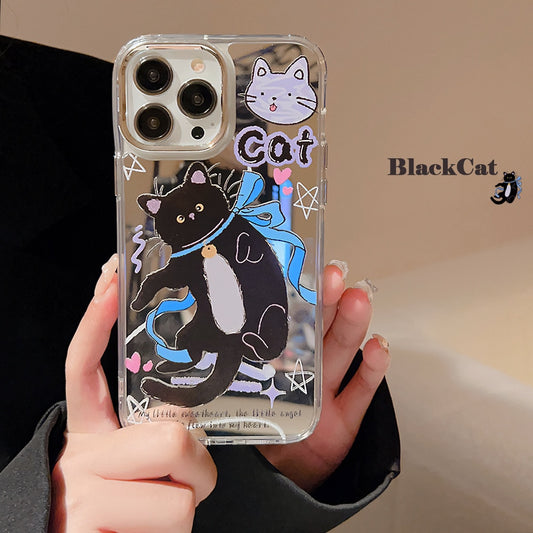 Retro Kawaii bell black cat Mirror art Phone Case For iPhone 14 13 12 11 Pro Max Case Cute funny kitten Cartoon shockproof Cover