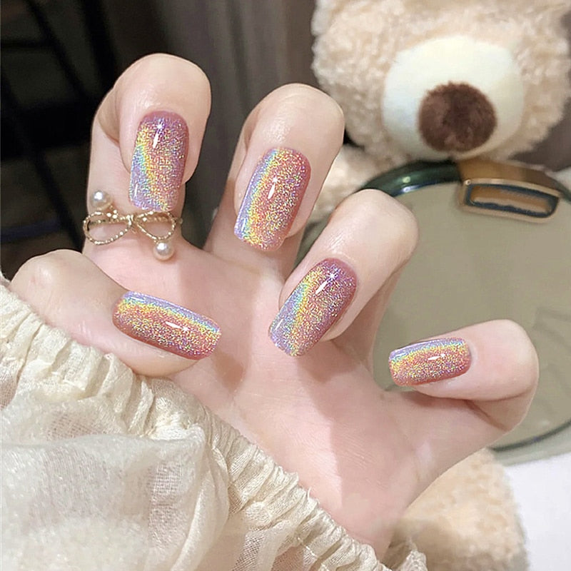 Cat Eye Press On Nails Shiny Rainbow Fake Nail Sweet Style Full Finished Nail Piece Shiny Rainbow Fake Nail Wearable for Girl