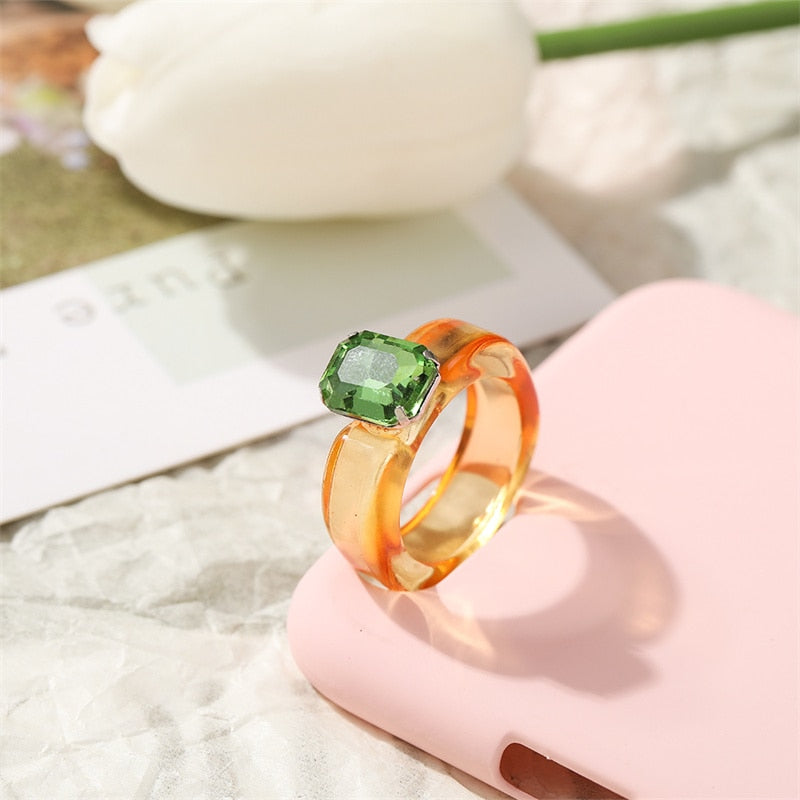 Colorful Transparent Resin Acrylic Crystal Rhinestone Simple Geometric Square Round Rings Set Jewelry