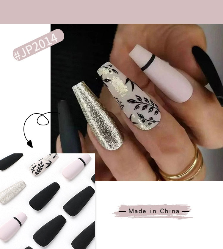 24pcs Long Ballet False Nail Full Cover Fake Nail Grey White Marble Design Nails Tip French Coffin Nails Press On Nails