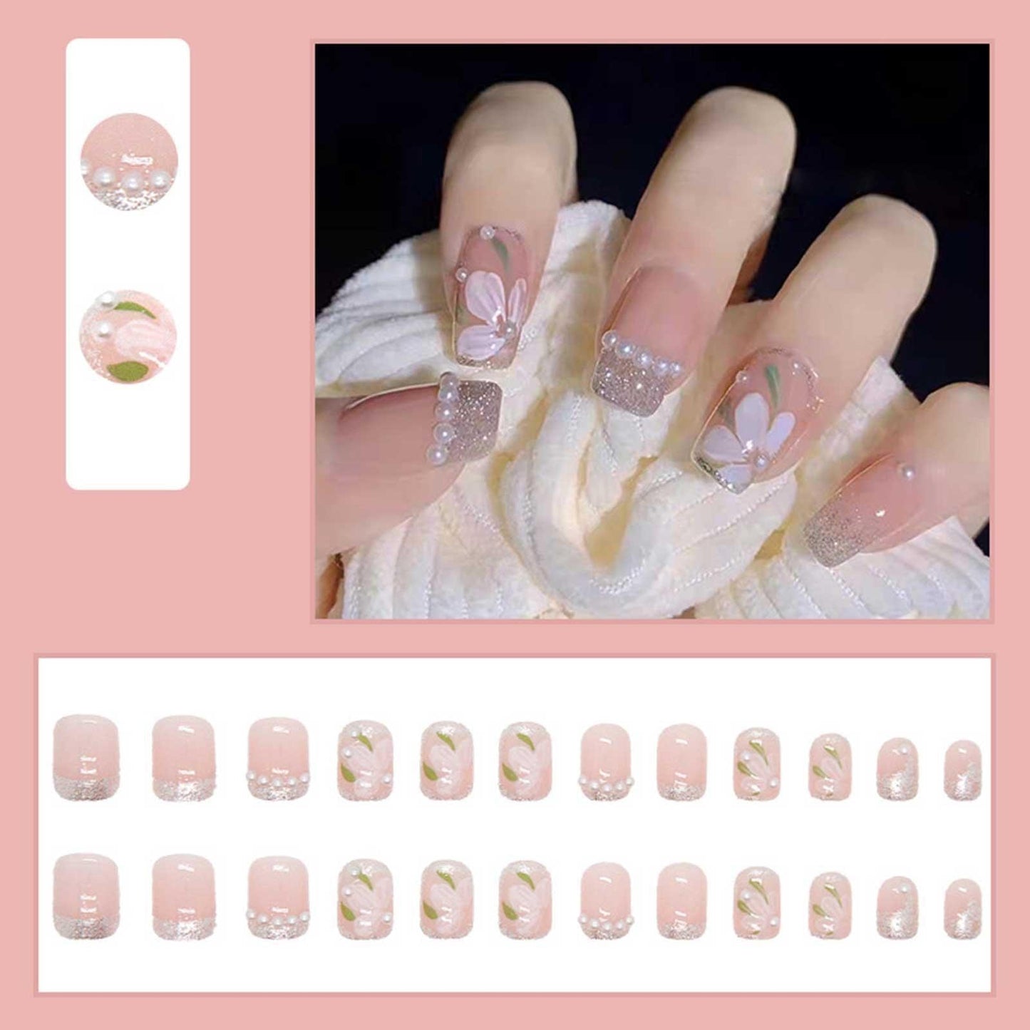 24pcs/set French Nail Ballet False Nails Long Flower Bow Nail Decor Press On Fake Nails Tips With Glue Sticker Nail