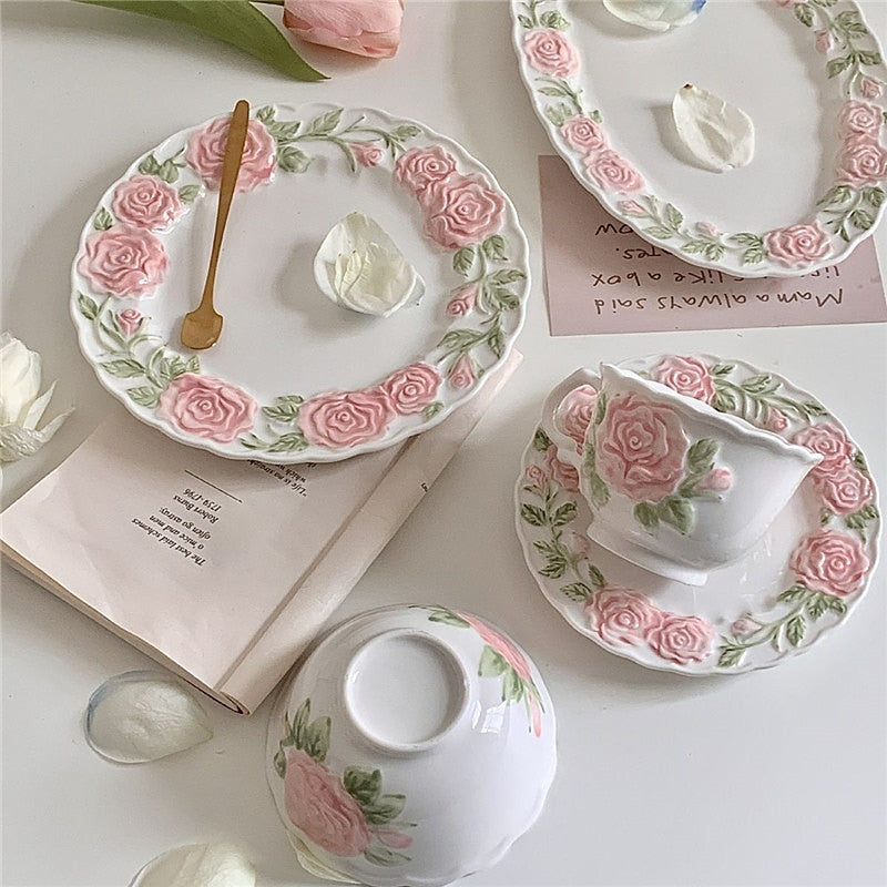 Pink Rose Coffee Cup Mug Afternoon Tea Cups Home Party Cafe Cake Plate Dessert Saucer Kitchen Accessories