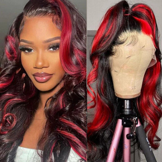 Synthetic Lace Wigs For Women Red With Black Body Wave Glueless Pre Plucked Hairline Wig With Baby Hair Cosplay