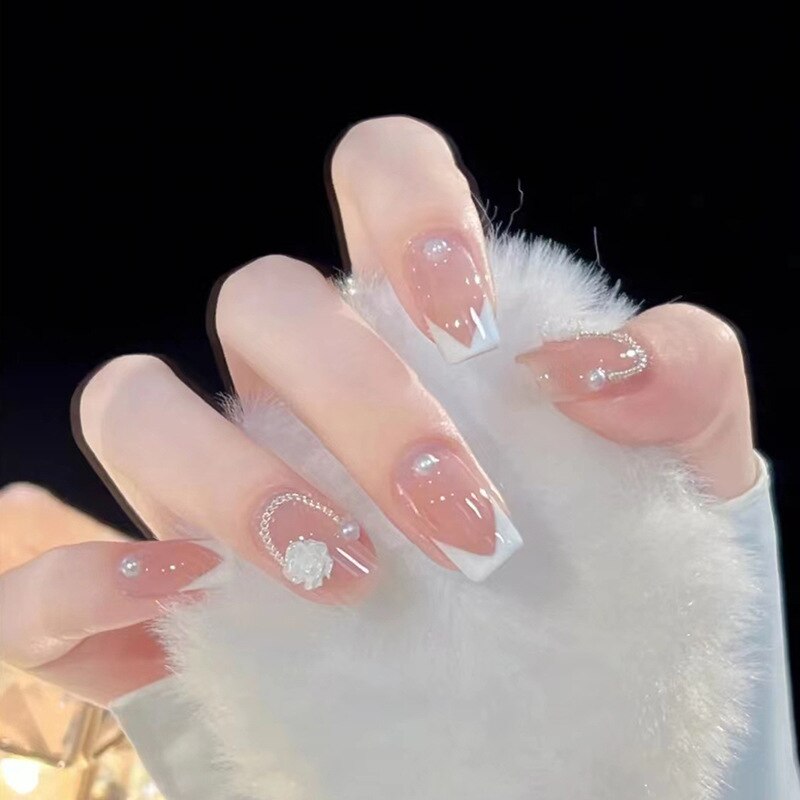 24pcs Long gradient nude false nail with glue simple artifical press on nails acrylic nails natural stick on nails set