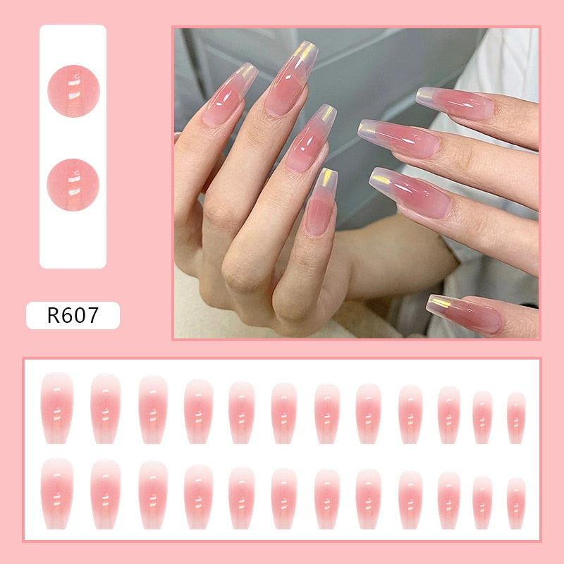 24pcs aurora flash powder fake nails with glue Detachable Ballerina Full Cover false Nail Art Tips artificial press on nails