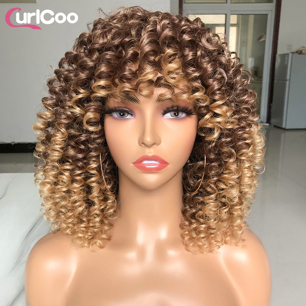 Short Hair Afro Kinky Curly Wigs With Bangs For Women Fluffy Synthetic Ombre Glueless Cosplay Natural highlight Blonde Wig