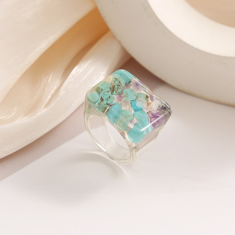 Colorful Transparent Resin Acrylic Crystal Rhinestone Simple Geometric Square Round Rings Set Jewelry