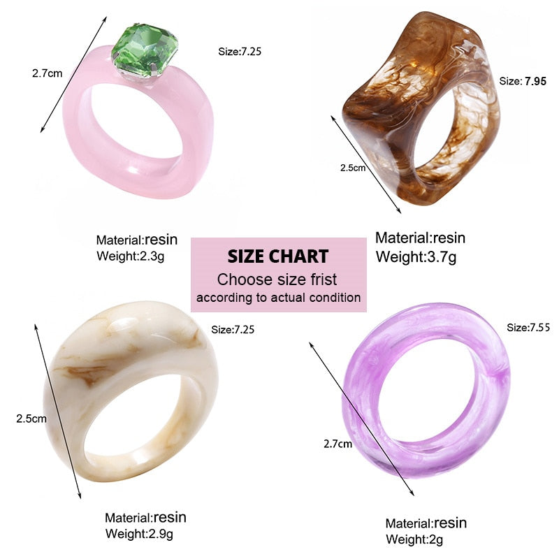 Colorful Transparent Resin Acrylic Crystal Rhinestone Simple Geometric Square Round Rings Set Jewelry