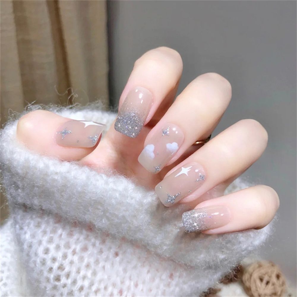 24pcs False Nail Full Cover Fake Nail Elegant Pink Gradient Glitter French Short Nails Coffin Short False Nail Press On Nails