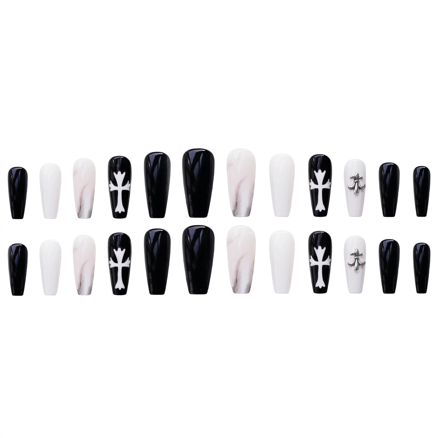 24Pcs Punk Babes Fake Nails With Glue Vintage Rhinestones Cross Design Long Ballet Coffin Press On Nails Detachable Manicure Tip