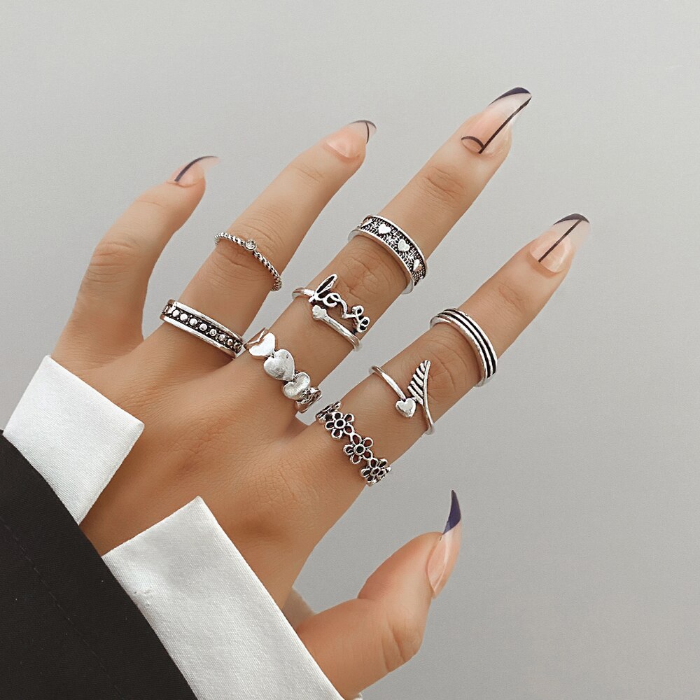 Punk Gothic Butterfly Snake Chain Ring Set for Women Black Dice Vintage Silver Plated Retro Rhinestone