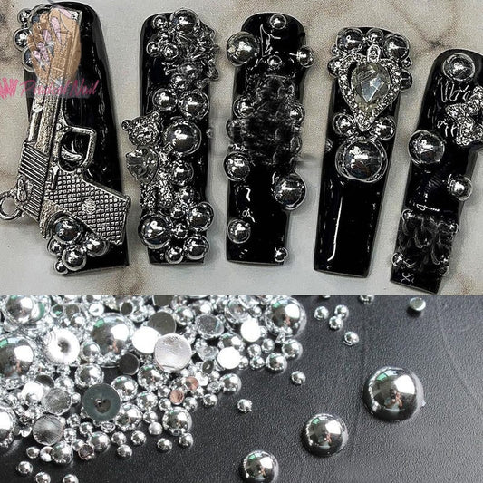 50Pcs 3D Nail Art Punk Silver Pearl Shape Gothic Design Luxury Charms Manicure Tips Rhinestones Decoration