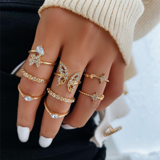 Vintage Bohemian Butterfly Gold Color Ring Sets Zircon Flower Leaf Open Rings for Women Simple Knuckle Accessories