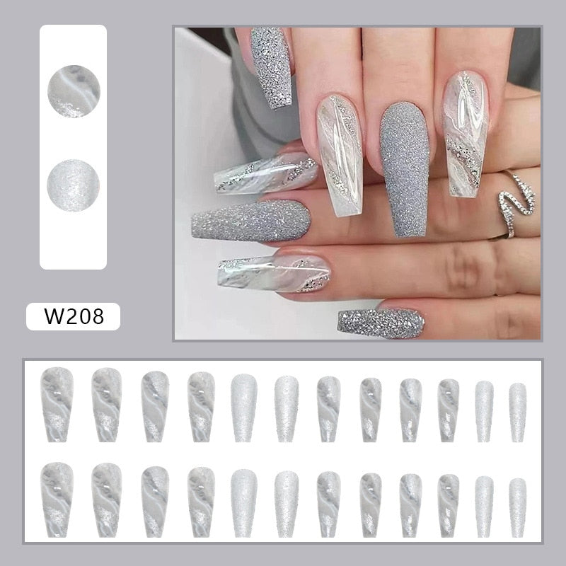 24pcs Long Ballet False Nail Full Cover Fake Nail Grey White Marble Design Nails Tip French Coffin Nails Press On Nails