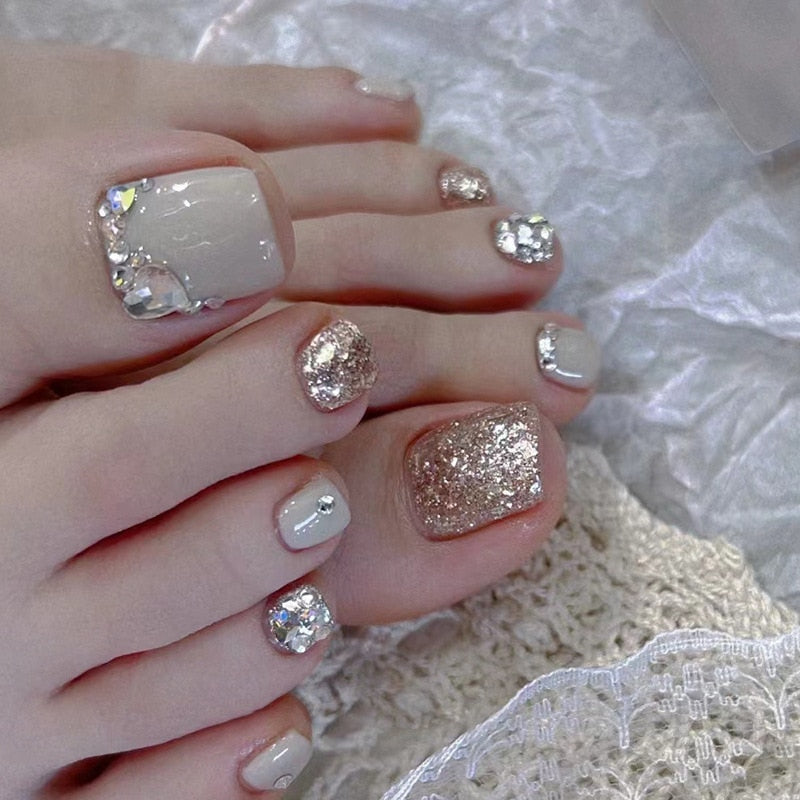 Love Rhinestones Korean Fake ToeNails Press On Square Nails Sparkling False Toe Nails With Designs Diamond Full Cover Nail Tips