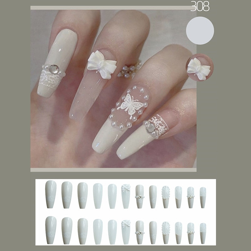 24pcs False Nails Nude Gradient Nail Patch Rhinestone Inlaid Press On Nails Removable Long Manicure nail tips