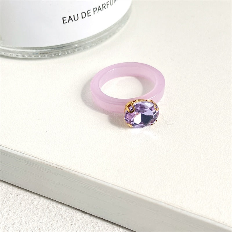 Colorful Transparent Resin Acrylic Crystal Rhinestone Simple Geometric Square Round Rings Set Jewelry