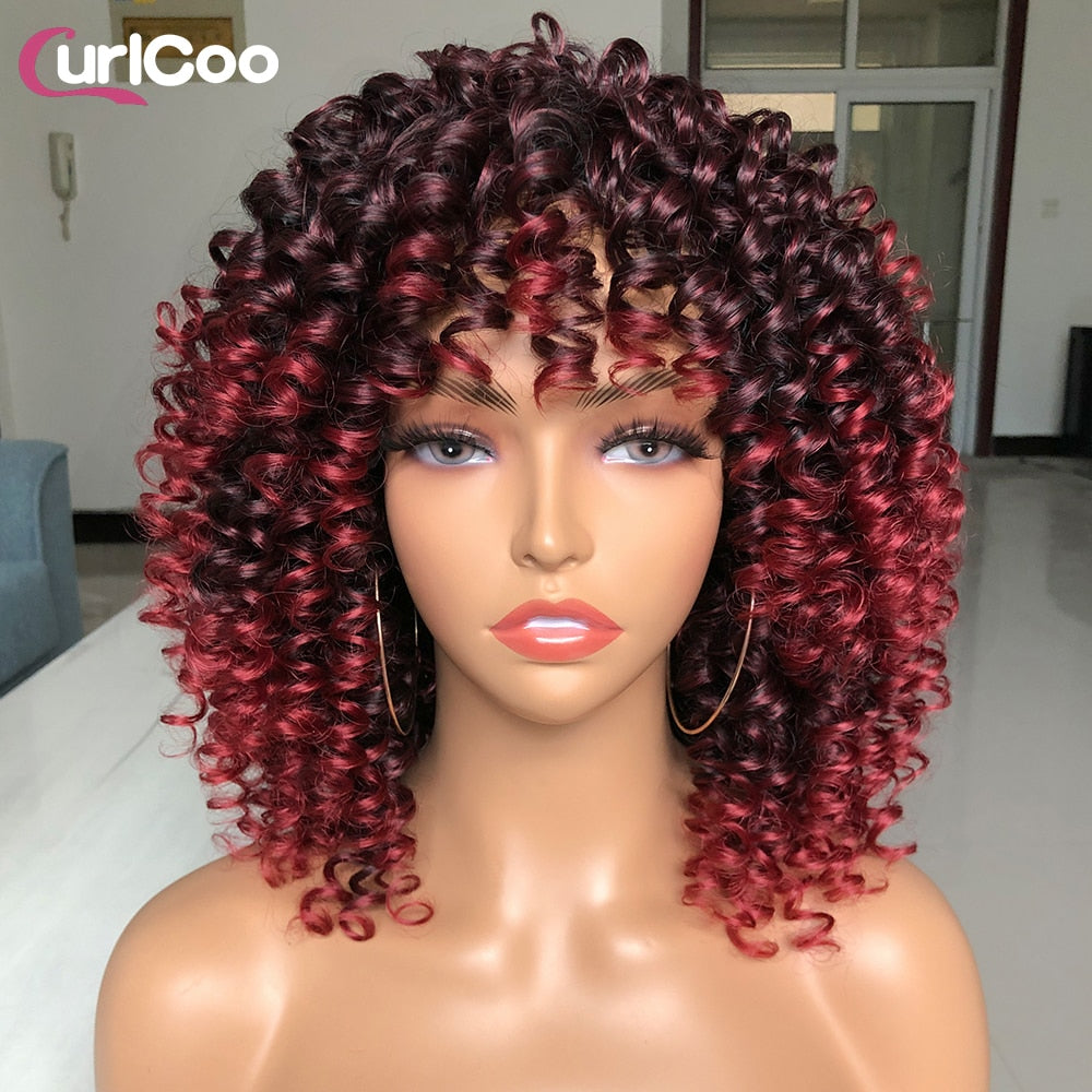 Short Hair Afro Kinky Curly Wigs With Bangs For Women Fluffy Synthetic Ombre Glueless Cosplay Natural highlight Blonde Wig