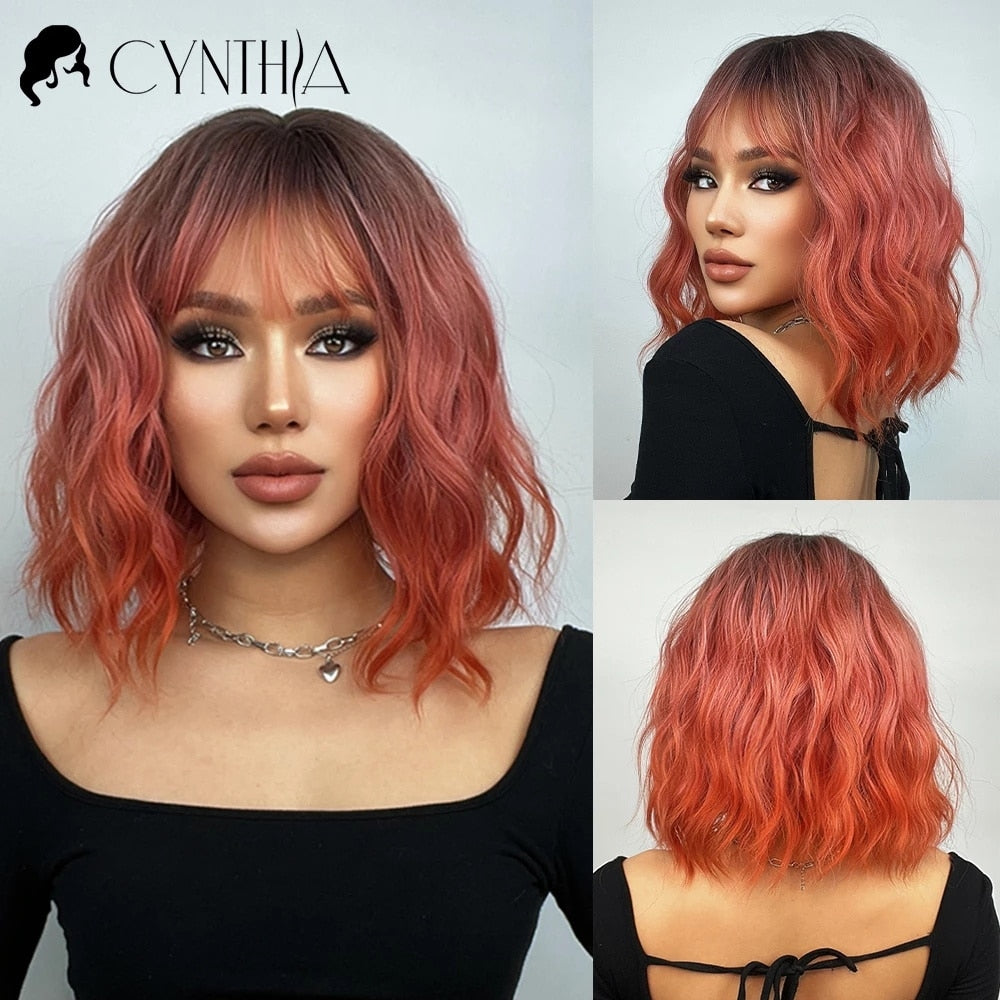 Short Bob Synthetic Wig Ombre Pink Water Wave Hair Wigs With Bangs Cosplay Lolita Heat Resistant Natural Hair