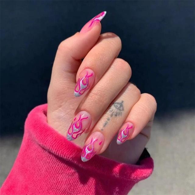 24pcs Pink Butterfly Pattern Fake Nails Full cover Glue DIY Manicure Nail