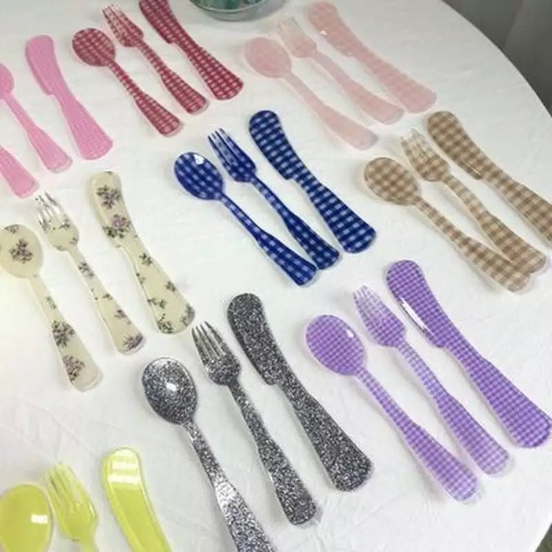 Plastic Dessert Tray Acrylic Cake Dish Grid Pattern Spork Floral Plates Decorative Fruit Plate Spoon Fork