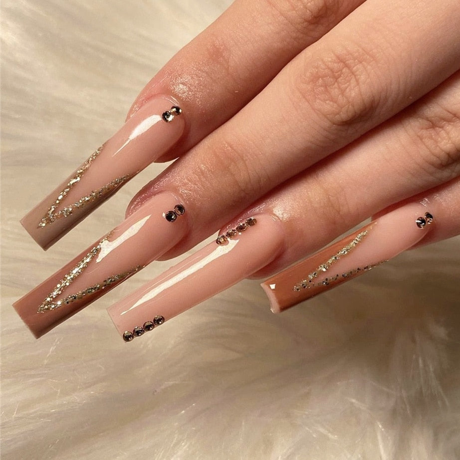 24pcs/box fake nails with Glue Detachable Long Ballerina False Nails With Design Wearable Fake Nails Full Cover