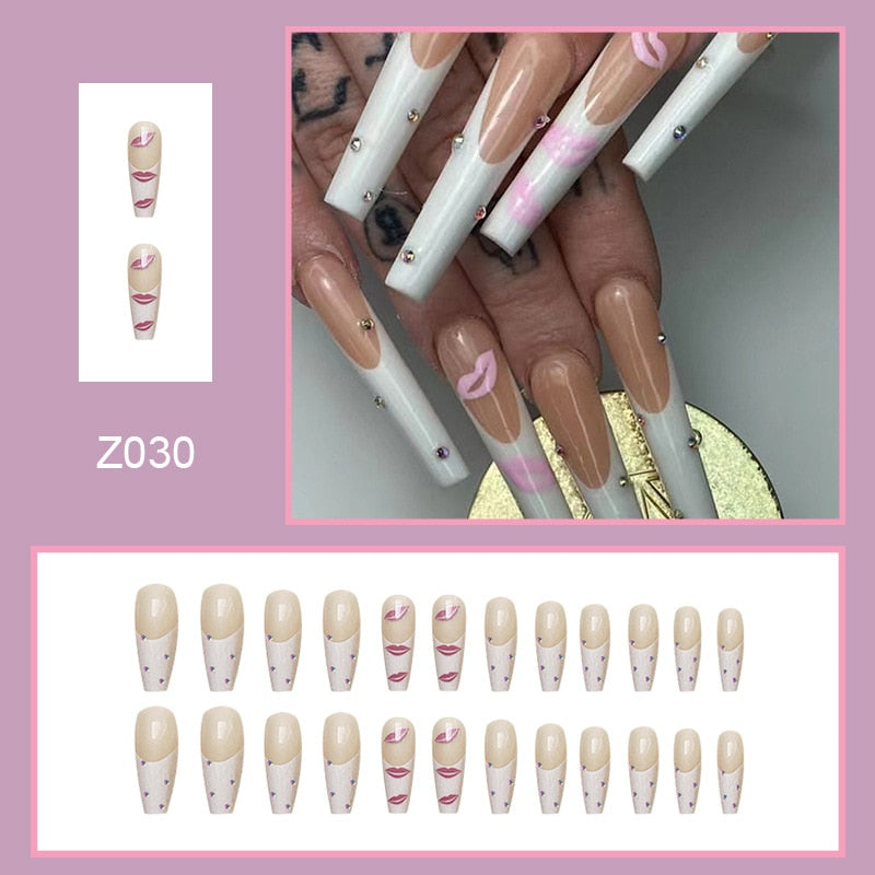 24Pcs Long Ballet French False Nails With Glue Pink Lips Rhinestones Design Press On Full Cover Detachable Acrylic Manicure Tips