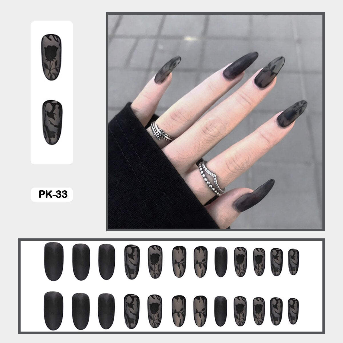 24pcs Elegant Fairy Punk Dry Roses Fake Nail Art With Relief Pattern Fake Nails With Glue Full Cover Nails With Wearing Tools