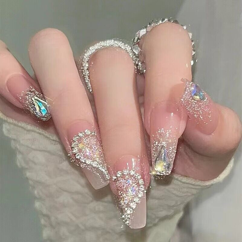 24Pcs Wearable Glitter False Nails with Glue Detachable Full Cover Nail Tips Ballerina Fake Nail Rhinestone Design Press on Nail