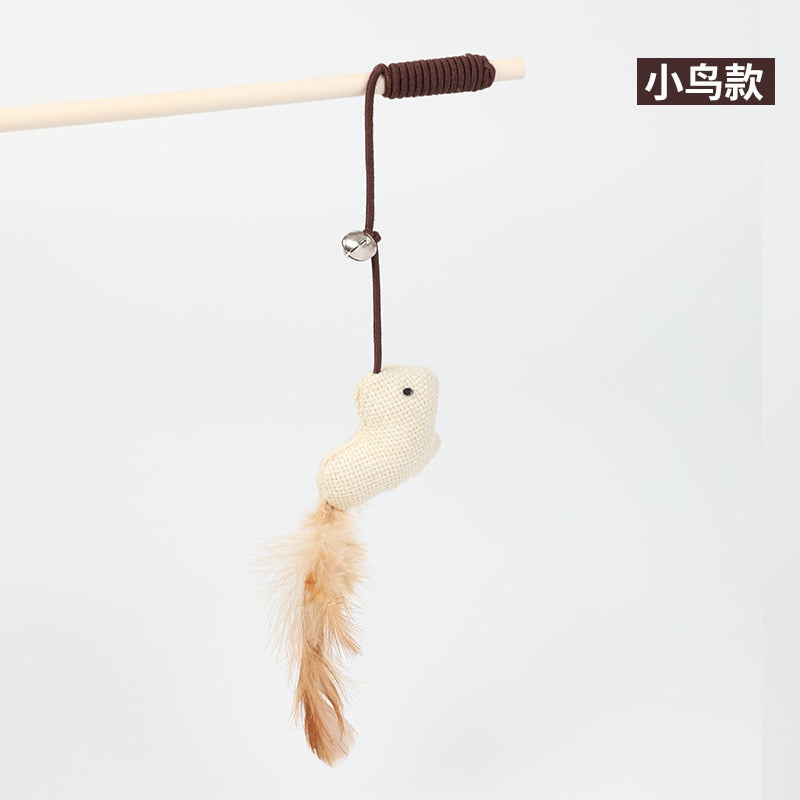 Cartoon Pet Cat Toy Stick Feather Rod Mouse Toy with Mini Bell Cat Catcher Teaser Interactive Cat Toy Kitten