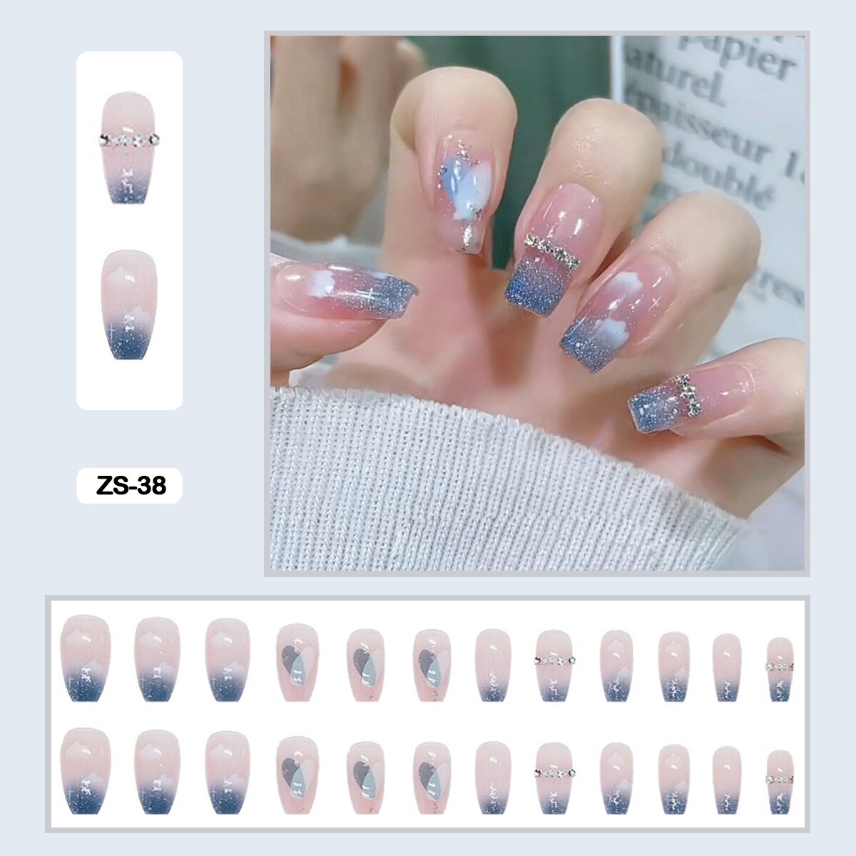 24pcs Artificial Diamond Elegant Flesh-colored Nail Art With Bowknot Fake Nails Long False Nails With Glue With Wearing Tools