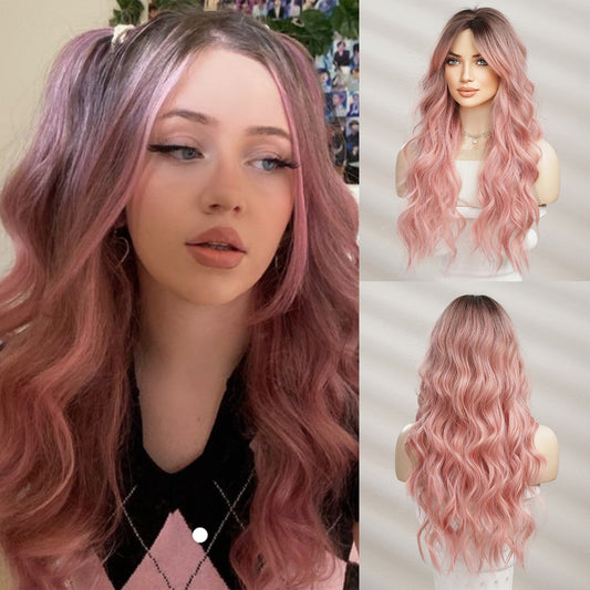 Synthetic Long Wavy Wigs with Bangs for Women Cosplay Natural Ombre Black to Pink Hair Wig High Temperature Fiber