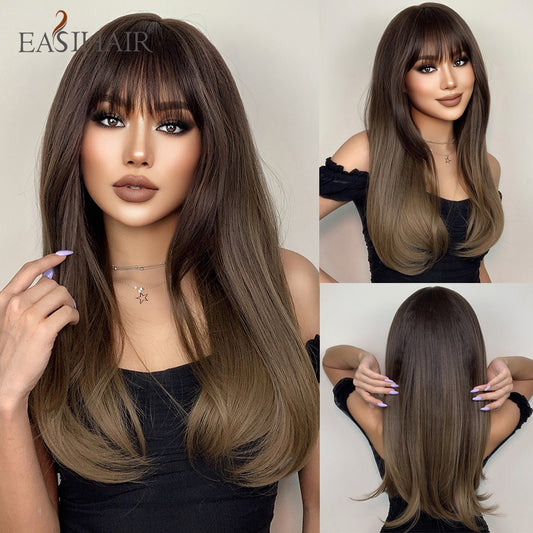 Long Straight Bangs Wigs Natural Ombre Dark Brown Synthetic Hair Wig for Women Daily Cosplay Party Heat Resistant Fiber