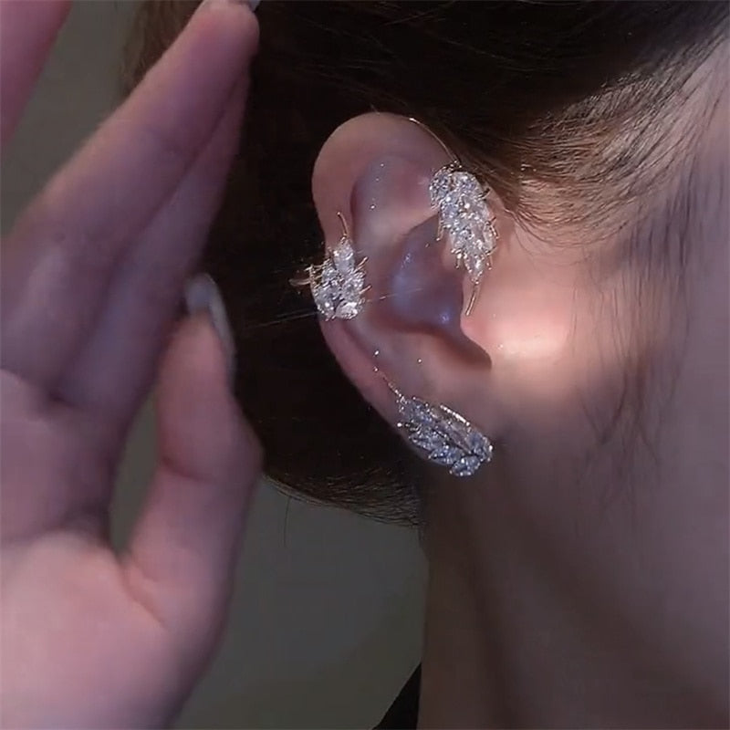 1PC Cute Leaf Clip Earring For Women Without Piercing Punk Rock Sparkling Zircon Ear Cuff Girls Ear-hook Jewelry Gifts