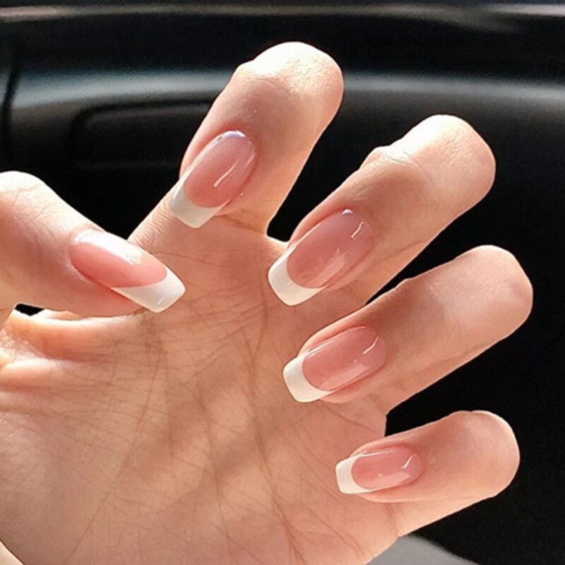 24pcs Long gradient nude false nail with glue simple artifical press on nails acrylic nails natural stick on nails set