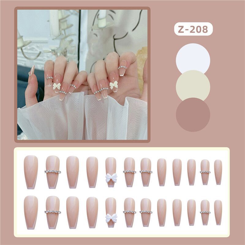 24pcs False Nails Nude Gradient Nail Patch Rhinestone Inlaid Press On Nails Removable Long Manicure nail tips