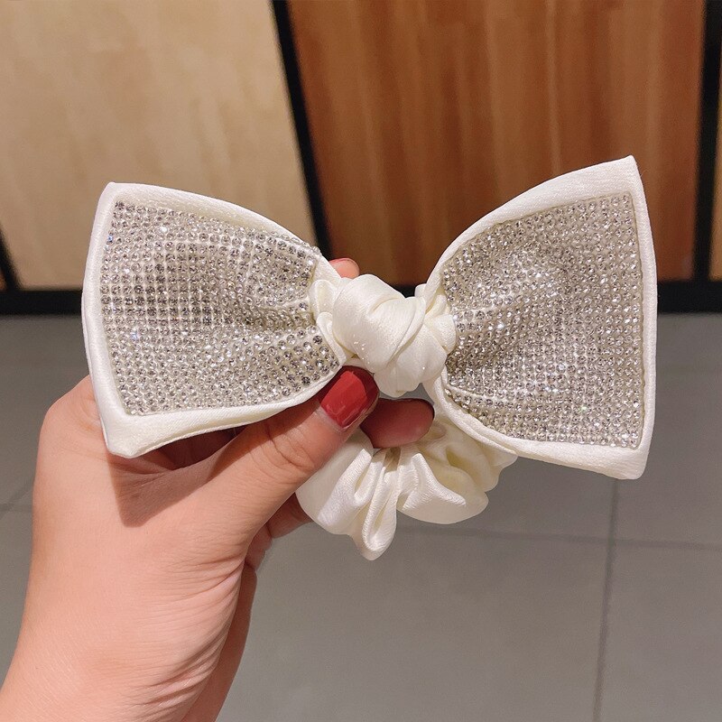 Elegant Bow Ribbon Scrunchies Fashion Ladies Simple Rhinestone Bow Wrap Hair Rope Design Ponytail Girl Hair Accessories