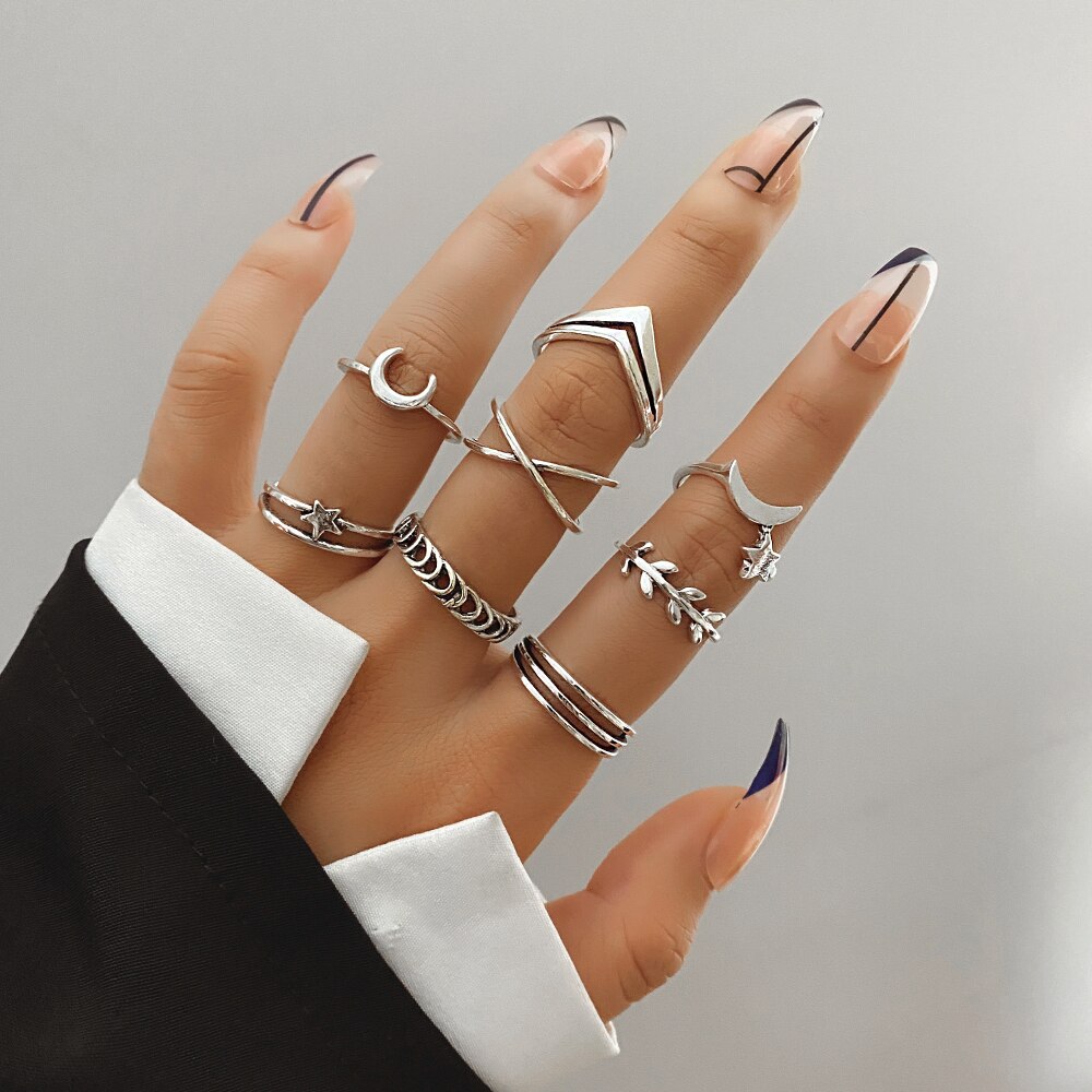 Punk Gothic Butterfly Snake Chain Ring Set for Women Black Dice Vintage Silver Plated Retro Rhinestone