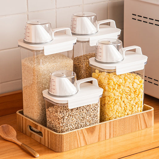 Airtight Food Storage Container Transparent Kitchen Cereal Storage Jars with Measuring Cup Pouring Spout Cabinet Organizer Box