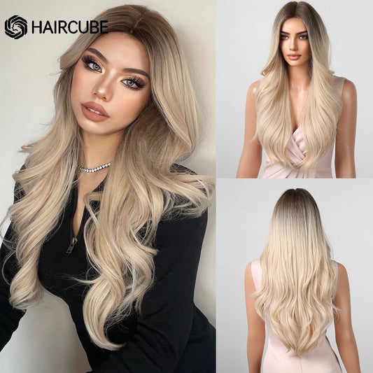 Brown to Light Blonde Ombre Platinum Synthetic Wig for Women Long Wavy Middle Part Hair Wig Cosplay Natural Heat Resistant