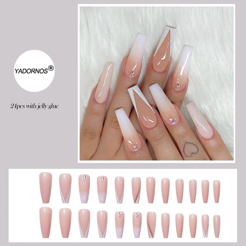 24pcs False Nails Nude Gradient Nail Patch Rhinestone Inlaid Press On Nails Removable Long Manicure nail tips