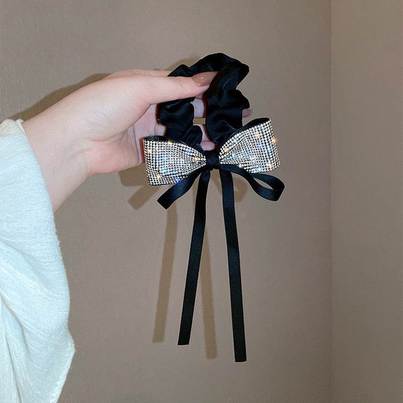 Elegant Bow Ribbon Scrunchies Fashion Ladies Simple Rhinestone Bow Wrap Hair Rope Design Ponytail Girl Hair Accessories