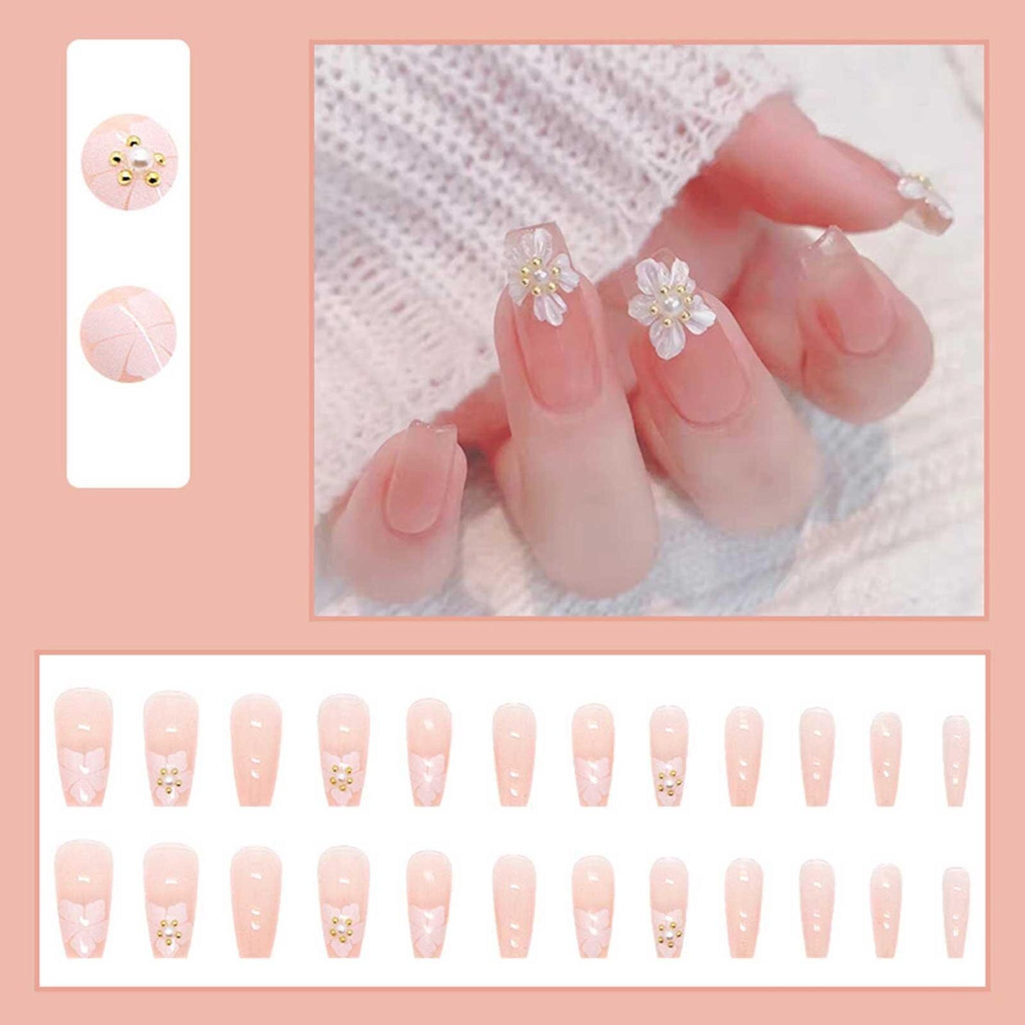 24pcs/set French Nail Ballet False Nails Long Flower Bow Nail Decor Press On Fake Nails Tips With Glue Sticker Nail