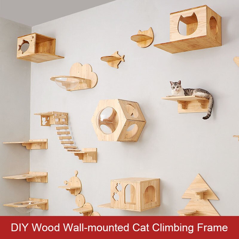 Cat Climbing Wood Frame Wall Mounted Solid Wood Cat Tree Jumping Platform Wall DIY Pet Furniture Kitten Springboard Scratching