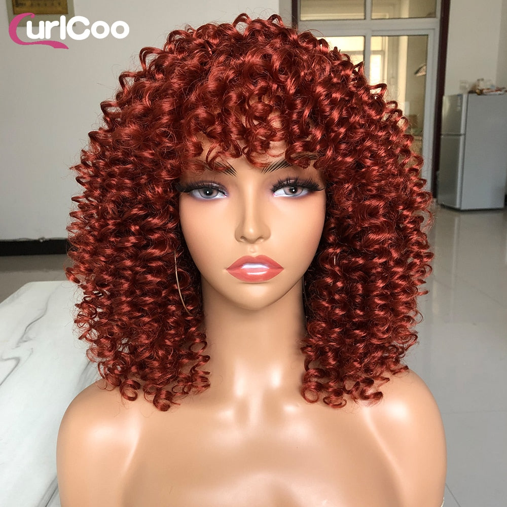 Short Hair Afro Kinky Curly Wigs With Bangs For Women Fluffy Synthetic Ombre Glueless Cosplay Natural highlight Blonde Wig